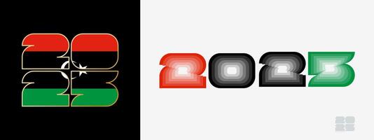 Year 2025 with flag of Libya and in color palate of Libya flag. Happy New Year 2025 in two different style. vector