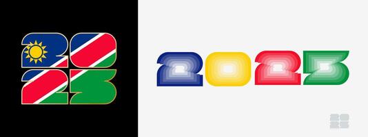 Year 2025 with flag of Namibia and in color palate of Namibia flag. Happy New Year 2025 in two different style. vector