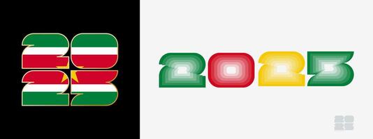 Year 2025 with flag of Suriname and in color palate of Suriname flag. Happy New Year 2025 in two different style. vector