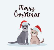 Christmas card with dog and cat. Puppy and kitten. Happy holidays. Greeting concept. Ideal for print, postcard or label. New Year card. vector