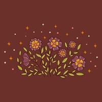 Abstract flowers on burgundy background with stars and circles. print vector