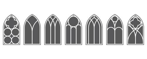 Gothic church stained windows. Cathedral and castle glass arches with vintage pattern. medieval frames silhouettes of old European architecture on white background. vector