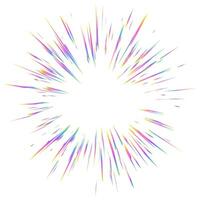 Light burst with rainbow prism effect. Halo flare sparkles of crystal on white background. radial holographic color explosion. Comic speed lines glare beams with sparks and neon reflection. vector
