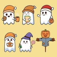 Set of cute ghosts cartoon kawaii . Character of helloween. vector