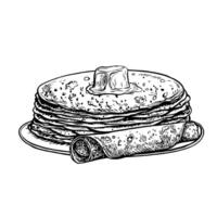 Pancakes on a plate with butter. graphic drawing. Black and white hand-drawn illustration of food. On a white background. Great for menus, posters or labels, or cooking recipes and invitations vector