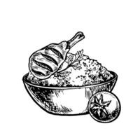 Porridge in a cup with a chicken leg. A image of the dish. A black and white hand-drawn illustration. On a white background. For menus, posters, labels, as well as for recipes and invitations. vector