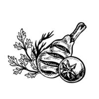 Grilled chicken leg with vegetables. graphics with the image of a chicken leg with tomatoes and herbs cooked on a barbecue. A hand-drawn black and white illustration. For a menu, cooking recipe vector