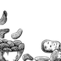 A frame with potato chips. graphics depicting chips with a corrugated surface falling into a bowl and potato tubers. A black and white hand-drawn illustration. For labels, posters and packages. vector