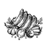 Ribs with vegetables. graphics with barbecue image. A black and white hand-drawn illustration of the dish. On a white background. For a menu, poster, or label. For cooking recipes, invitations. vector