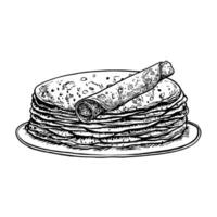 Pancakes on a plate. graphic drawing. Black and white hand-drawn illustration of food. On a white background. For menus, posters or labels, as well as for cooking recipes, invitations, banners. vector