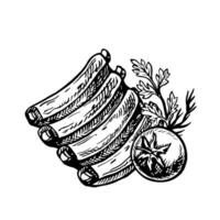 Ribs with vegetables. graphics with barbecue image. A black and white hand-drawn illustration of the dish. On a white background. For a menu, poster, or label. For cooking recipes, invitations. vector