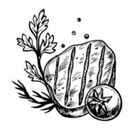 Fried meat with vegetables. graphics with barbecue image. A black and white hand-drawn illustration. On a white background. For a menu, poster, or label. For cooking recipes, invitations. vector