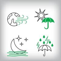Sun protection, windy world and stormy rainfall icon set. Different linear weather designs. vector