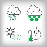 Lightning hail, windy sun and night cold icon set. Different linear weather designs. vector
