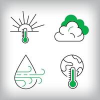 Extreme temperatures, cloudy and windy precipitation icon set. Different linear weather designs. vector