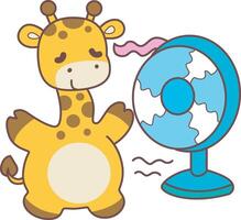 A giraffe with fan in the summer. Cute giraffe animals with various activities. Funny sticker of Giraffe animal kids. vector
