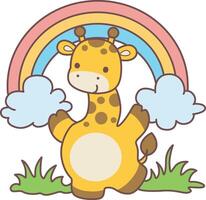 A giraffe in front of rainbow. Cute giraffe animals with various activities. Funny sticker of Giraffe animal kids. vector
