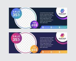 horizontal white web banners with circular multicolored design elements and a place for a photo. Standard Size Templates. big sale banner. blue and purple colors vector