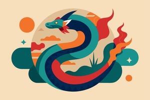 A colorful dragon with a fiery tail vector