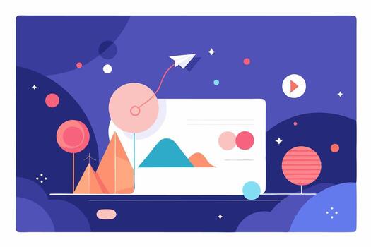 A colorful illustration of a computer screen with a graph and a paper airplane vector