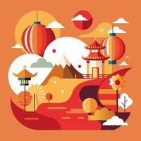 An illustration of a chinese landscape with a mountain and pagoda vector
