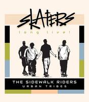 Illustration of a group of skaters in a composition with geometric shapes and text. Art for prints on t-shirts, etc. vector