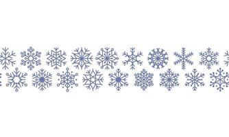 Horizontal border of blue snowflakes on white background. Snow storm effect, snowfall, symbol of winter, new year and christmas. illustration frame template for winter design. vector
