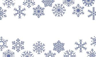 Horizontal frame of blue snowflakes on white background. Snowstorm effect, snowfall, symbol of winter, new year and christmas. illustration frame template for winter design. vector