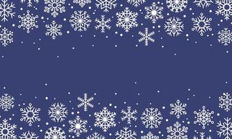 Horizontal frame of white snowflakes on blue background. Snowstorm effect, snowfall, symbol of winter, new year and christmas. illustration frame template for winter design. vector