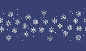 Horizontal border of white snowflakes on blue background. Snowstorm effect, snowfall, symbol of winter, new year and christmas. illustration frame template for winter design. vector