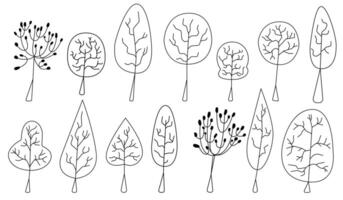 Set of abstract trees, foliage with texture. Collection of isolated plant silhouette, cute garden eco shape. Deciduous and evergreen forest plants. Bare trees and ones with leaves and lush crowns. vector