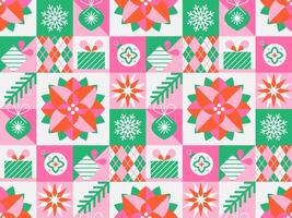 Christmas seamless pattern with poinsettia and geometric winter holiday elements in flat style. vector