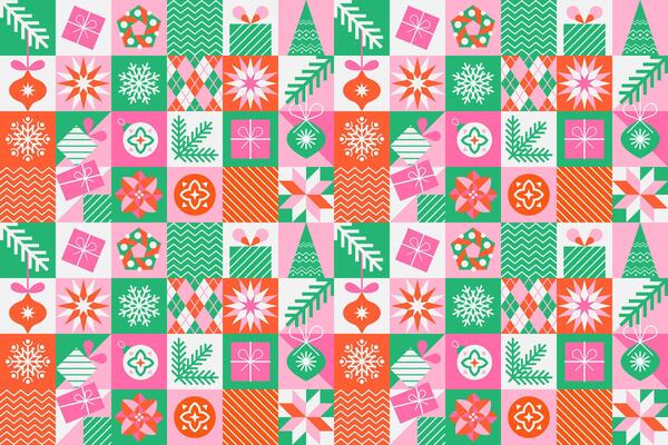 Christmas geometric seamless pattern with square icons elements. Abstract design in flat minimalist style.