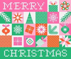 Christmas banner with square geometric icons elements and greeting in pixel art style. Winter holiday season. Trendy abstract design in flat minimalist style. vector