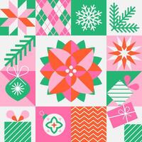 Christmas design with poinsettia, traditional plants symbol and geometric icons elements. in flat minimalist style. vector