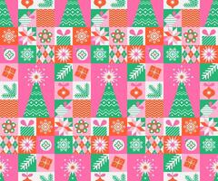 Christmas Tree seamless pattern with geometric holiday elements in flat minimalist style. vector