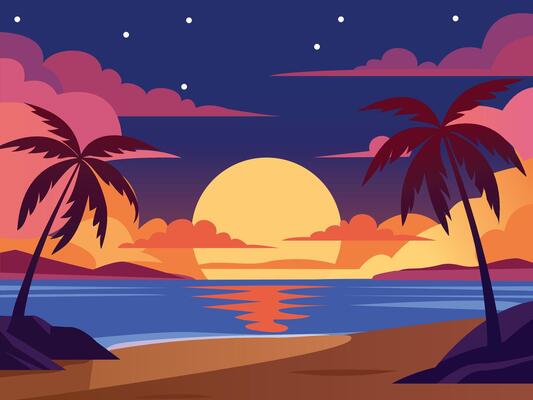 Illustration of beautiful glowing sunset in tropical beach