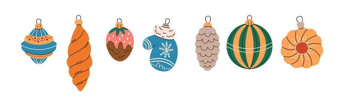 Christmas tree decorations flat color objects set. Vibrant festive New Year baubles illustration bundle on white background vector