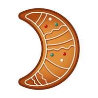 Gingerbread crescent moon biscuit with sweet glaze flat color object. Homemade cookie for Christmas party illustration on white background vector