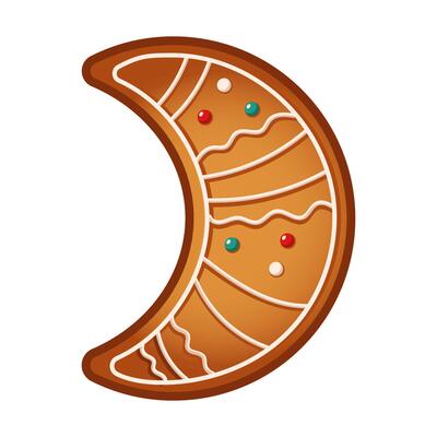 Gingerbread crescent moon biscuit with sweet glaze flat color object. Homemade cookie for Christmas party illustration on white background