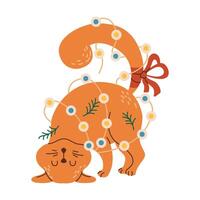 Funny cat in New Year light garland flat color character. Playful animal with Christmas bow on tail illustration on white background vector