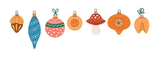 Christmas tree baubles flat color objects set. Vintage new year holiday ornaments illustrations bundle on white background vector