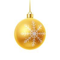 Golden New Year ball bauble with snowflake pattern realistic illustration. Shiny Christmas tree round ornament 3d object on white vector