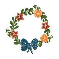 Christmas wreath with bow and orange slices flat color object. New year home decor with star cookies illustration on white background vector