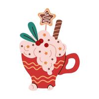 Christmas drink with waffle straw flat color object. Winter holiday beverage with whipped cream in mug illustration on white background vector