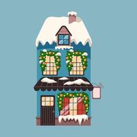 Snowcapped building with new year ornament flat color object. Happy Christmas holiday at cozy home illustration on blue background vector