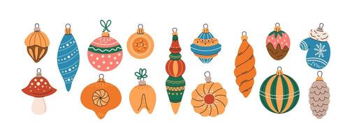 Christmas tree decorations flat color objects set. Stylish holiday ornaments collection illustrations bundle on white background vector