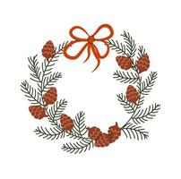 Christmas wreath with pine cones and bow flat color object. New Year home decor from fir branches illustration on white background vector