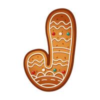 Tasty gingerbread cookie in form of candy cane flat color object. Festive pastry adorned with glaze illustration on white background vector