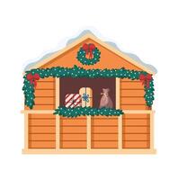 Christmas fair stall with presents adorned with decorations flat color object. Festive market illustration on white background vector